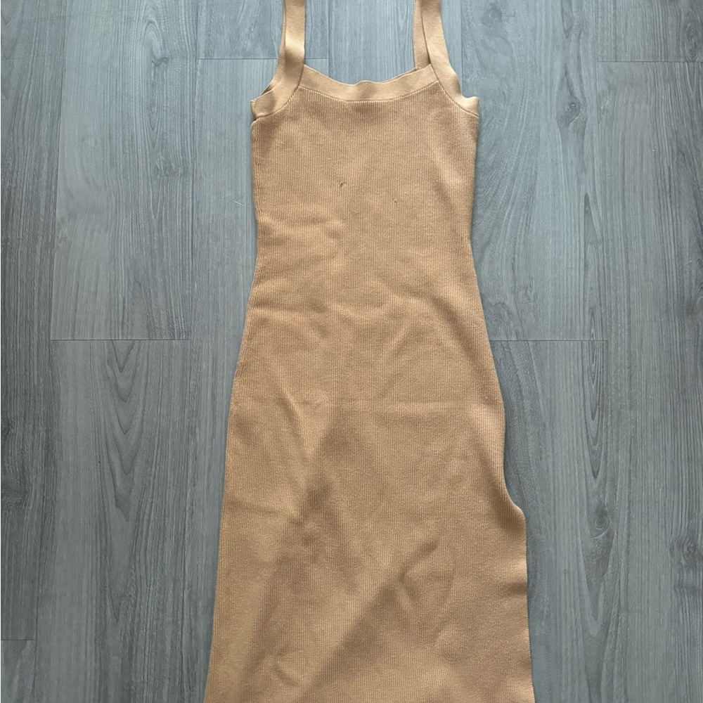 Babaton Camel Tan Ribbed Knit Midi Dress